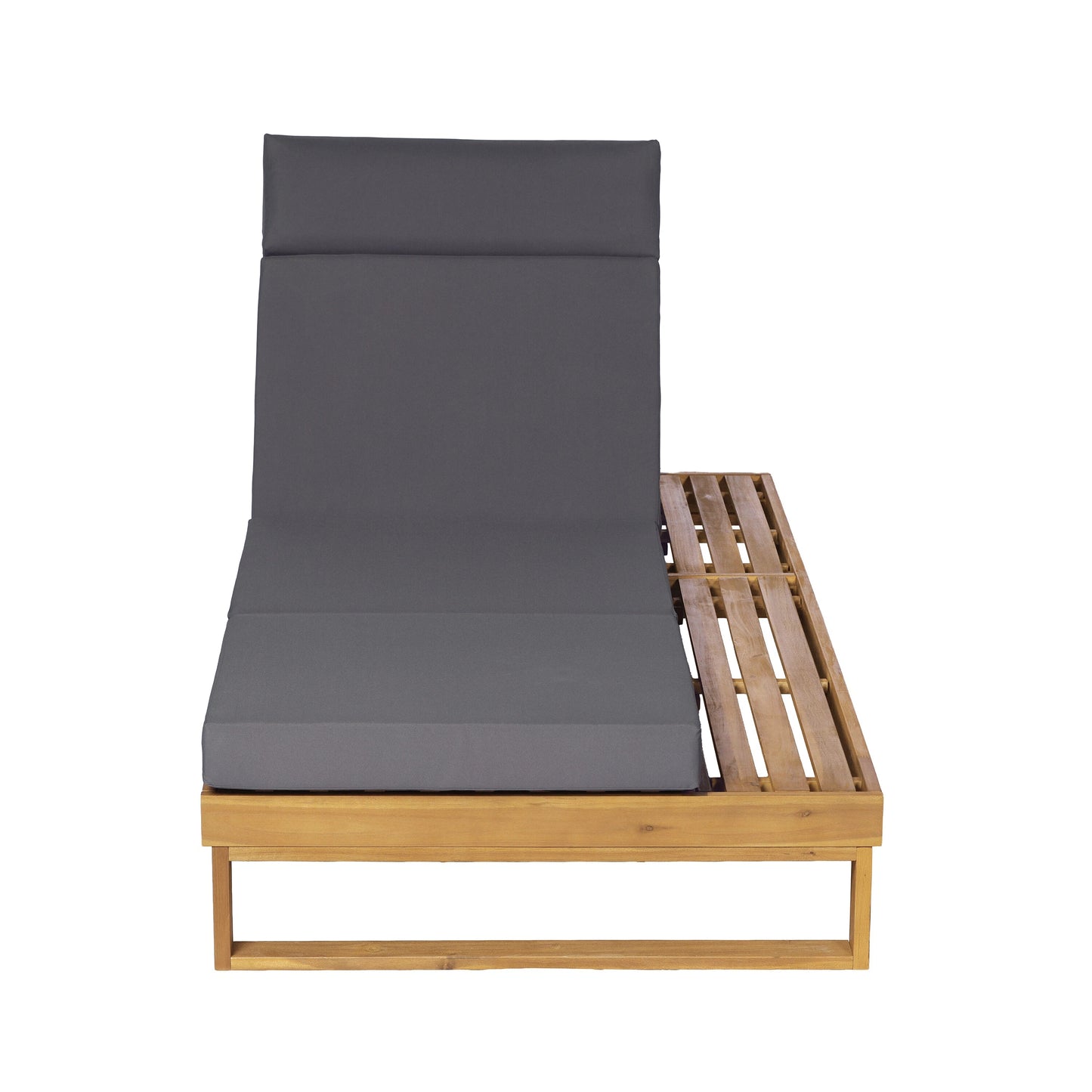 Teak Finish Acacia Wood Chaise Lounge with 4-Inch Dark Gray 4-Fold Cushion Set, Adjustable Outdoor Patio Lounger with Flat Side Surface, for Poolside- Matching cream,beige version available