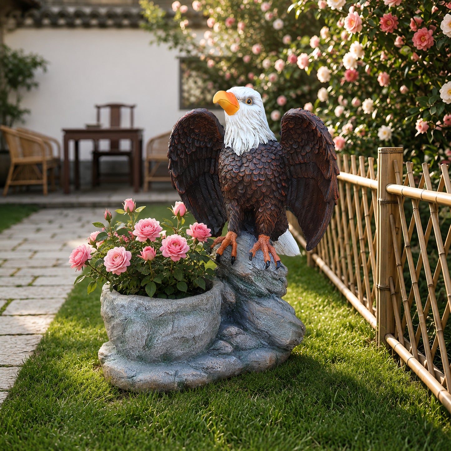 Standing Eagle Statue Garden Planter on Faux Stone Base - Rustic Wildlife Decorative Flower Pot for Outdoor Patio & Home Decor