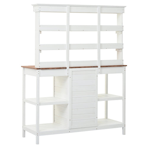 50 in. W x 66 in. H White Outdoor Farmhouse Fir Wood Garden Potting Bench Table with Drawers and Cabinet