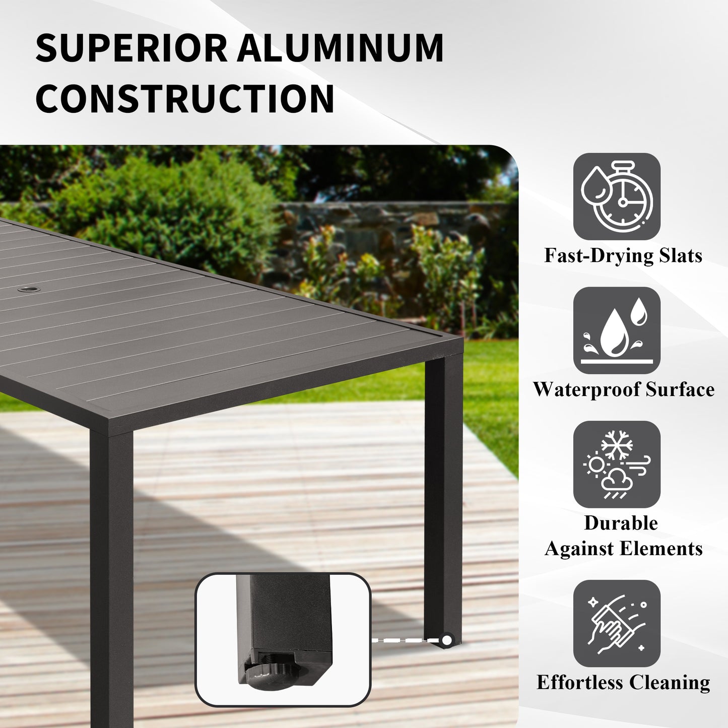 Outdoor Dining Table for 8 Person,Square Slatted Metal Patio Table for Deck Garden Lawn Backyard Use with Umbrella Hole, Brown