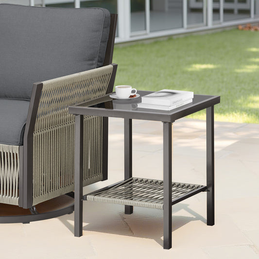 Outdoor Wicker Side Table, 22x18x18 inch All Weather Rattan Small Patio Table Square End Table for Pool Balcony Deck Porch Lawn Backyard, Dark Gray