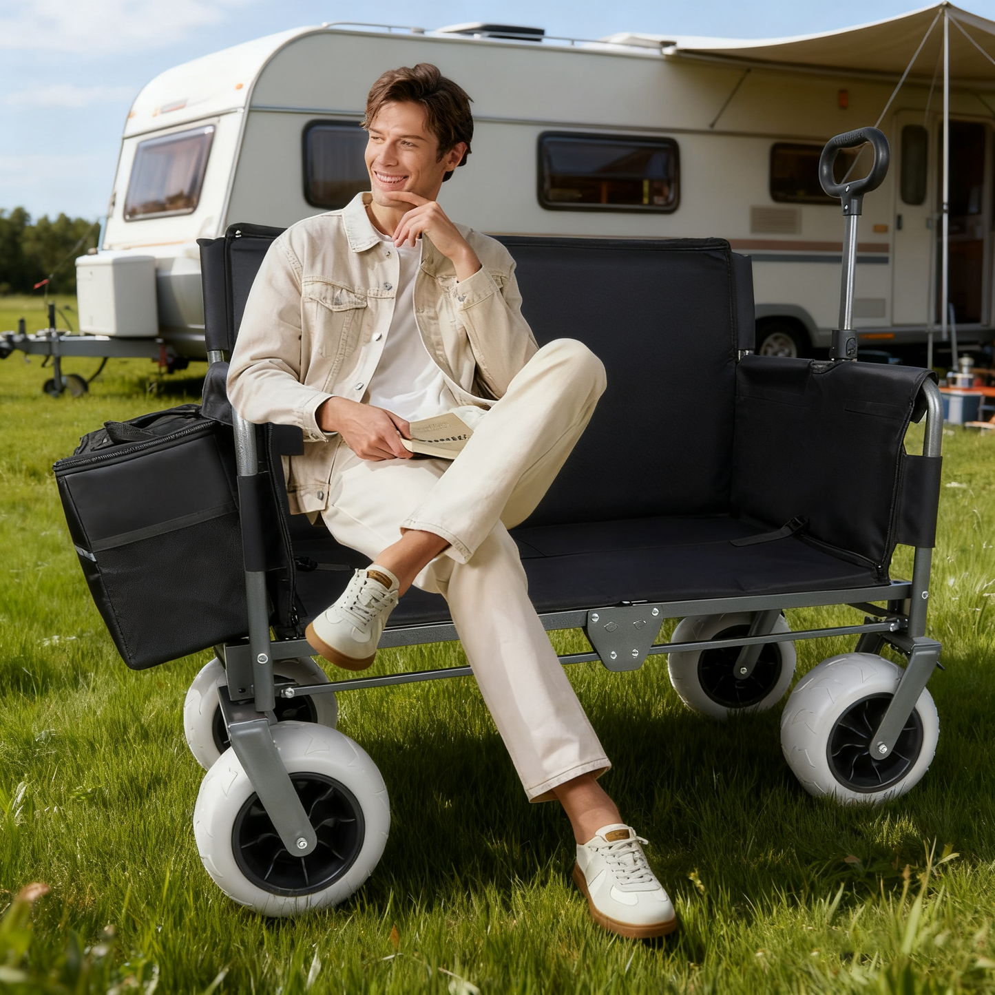 Folding Wagon with Bench Seat & 500 lbs Capacity patent protection -3-in-1 Collapsible Utility Cart with All-Terrain Beach Tires for Camping, Includes 1 ice pack, Beach, Groceries, Outdoor, Black