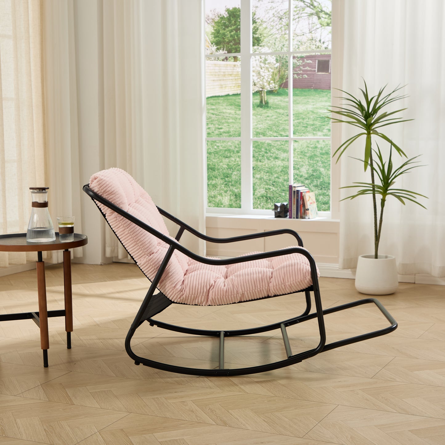 Outdoor Rocking Chair, Comfy Cushion, with Soft Thick Cushion,for Living Room, Bedroom, Reading Room, Black Frame with Pink Cushion