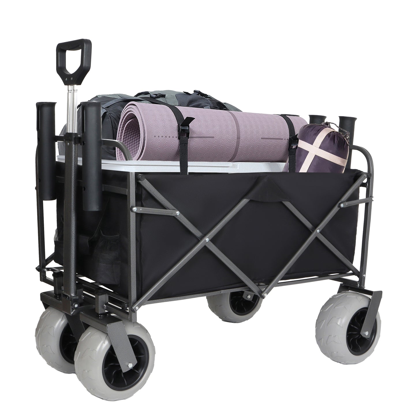 Fishing Cart with Rod Holders,Beach Wagon with Big Wheels for Sand 500lbs Capacity - All Terrain Steel Frame Utility Cart with 9" Pneumatic Tires,Strap with multiuse Bag,Black