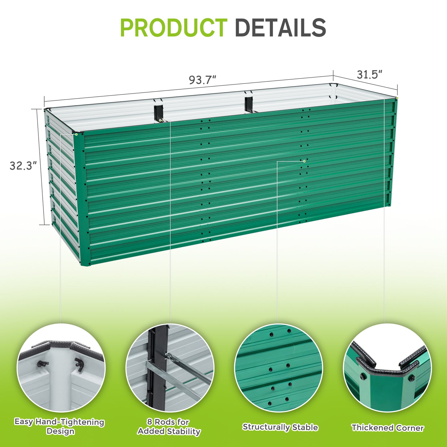 2-Pack 93.7"x31.5"x32.3" Raised Garden Bed, 32" Ergonomic No-Bend Metal Planter Box, Open Base for Drainage & Aeration, 8 Reinforcing Rods, Rustproof Steel – Easy Hand-Tightening Assembly