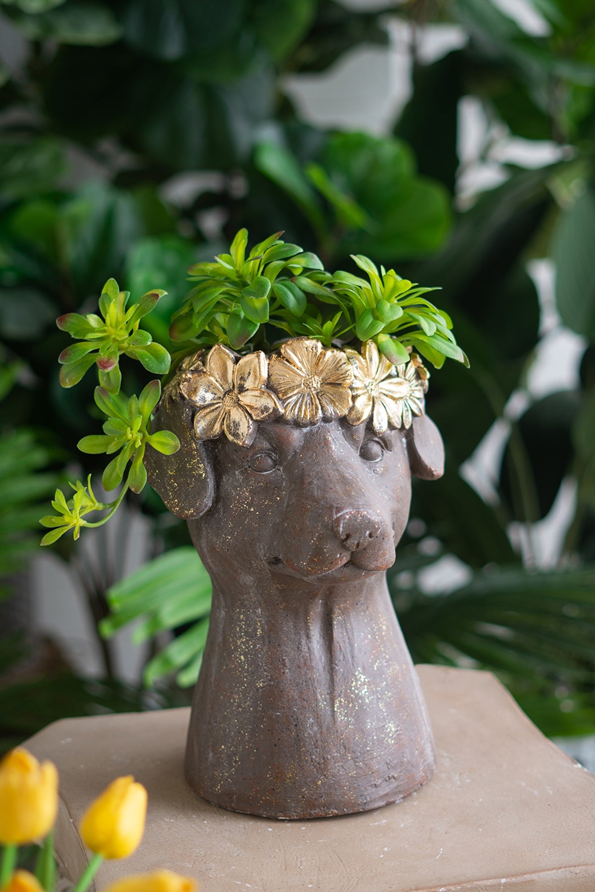 9.3x9.3x13" Magnesium Dog Statue Planter with Textured Brown Finish and Gold Leaf Crown