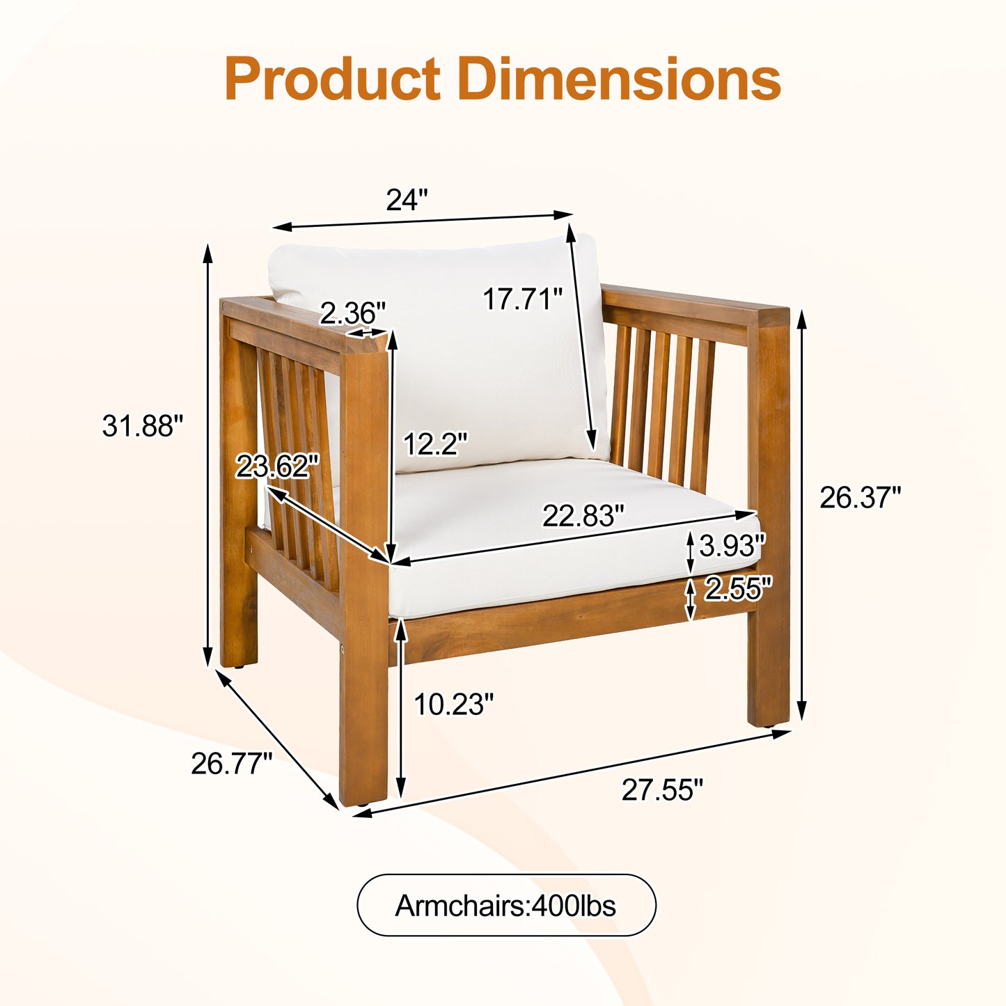 Outdoor Acacia Wood Club Chair with Modern Square Arms, Patio Chair with Thick Cushion, Adjustable Leveling Feet for Poolside, Backyard & Deck, Beige Cushion