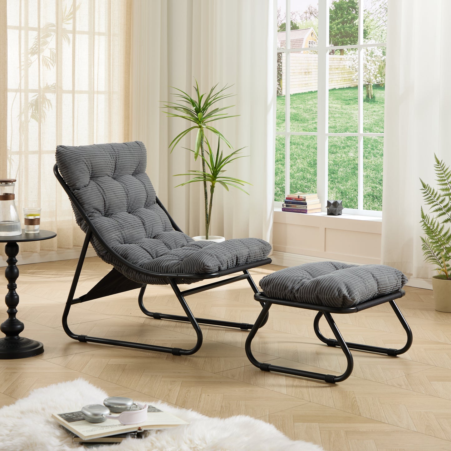 Patio Outdoor Lounge Chair with Ottoman, Comfy Sling Recliner Chair with Puffy Cushion and Foot Stool,   Ideal for Living Room, Bedroom, Reading Room, Black frame with grey cushion