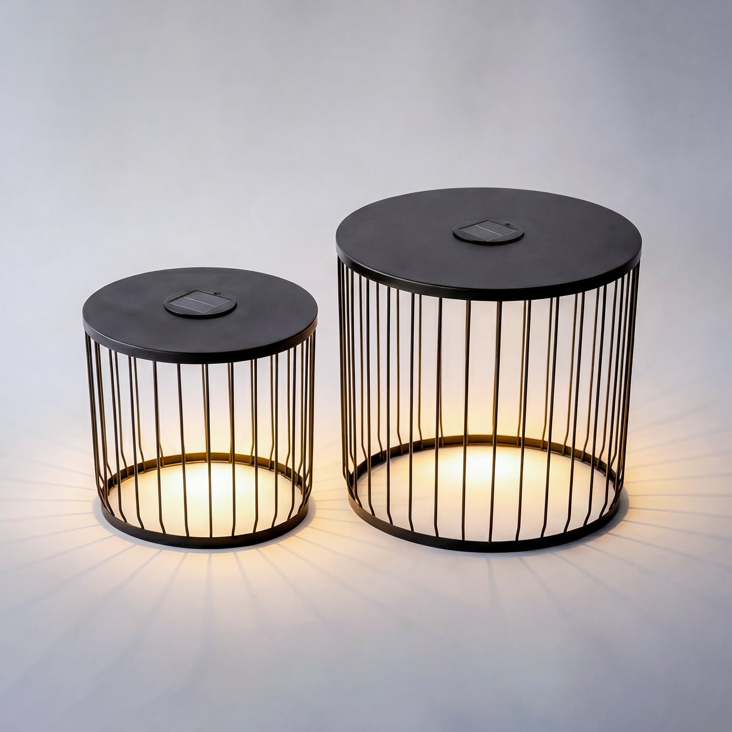 2-Pack Solar Powered Nesting Side Table Set, Modern Round End Tables with Solar LED Lights, Metal Wire Cage Accent Tables, Indoor/Outdoor Patio Nightstand for Living Room, Balcony, Garden, Matte Black