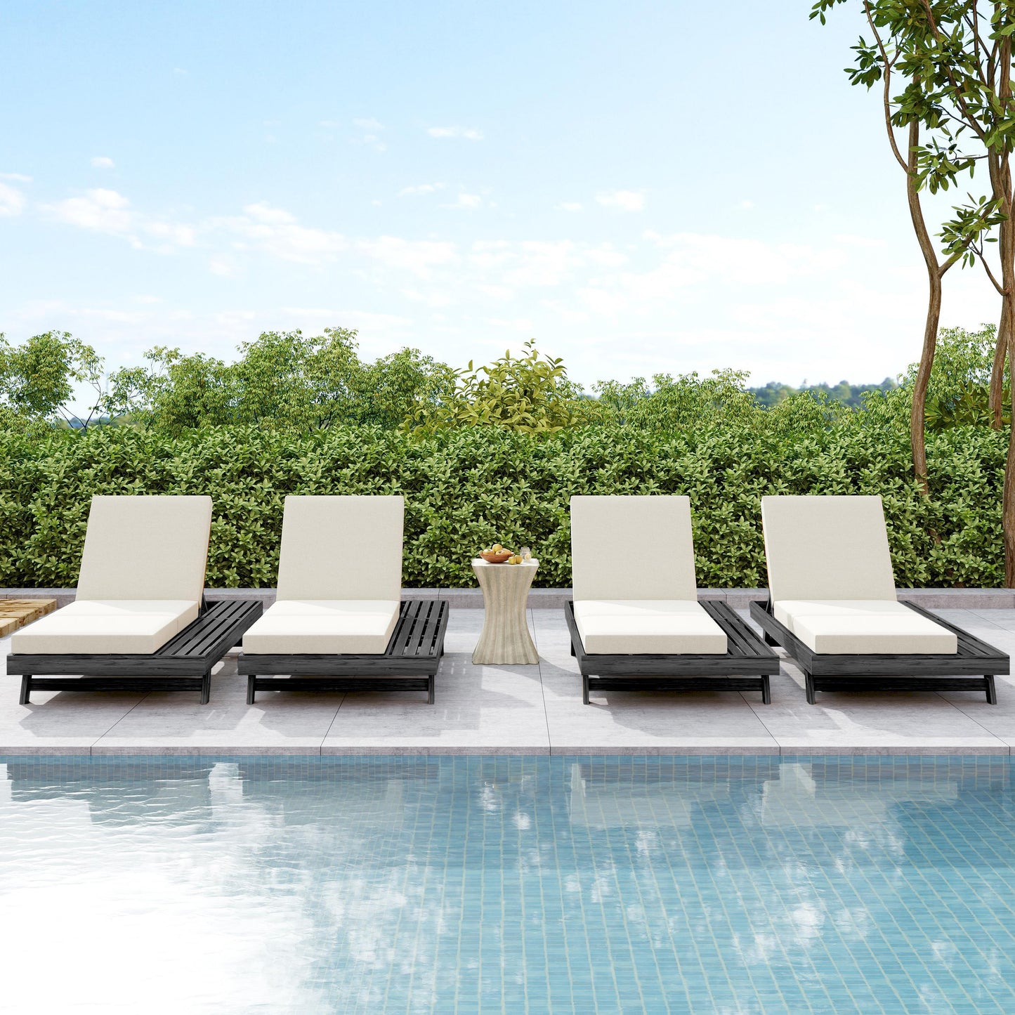 Lounge Chaise Set, Space Available On One Side, Acacia Solid Wood In Black With Lounge Cushion (Cream & Triple Fold) – Matching Dark Grey Version Available