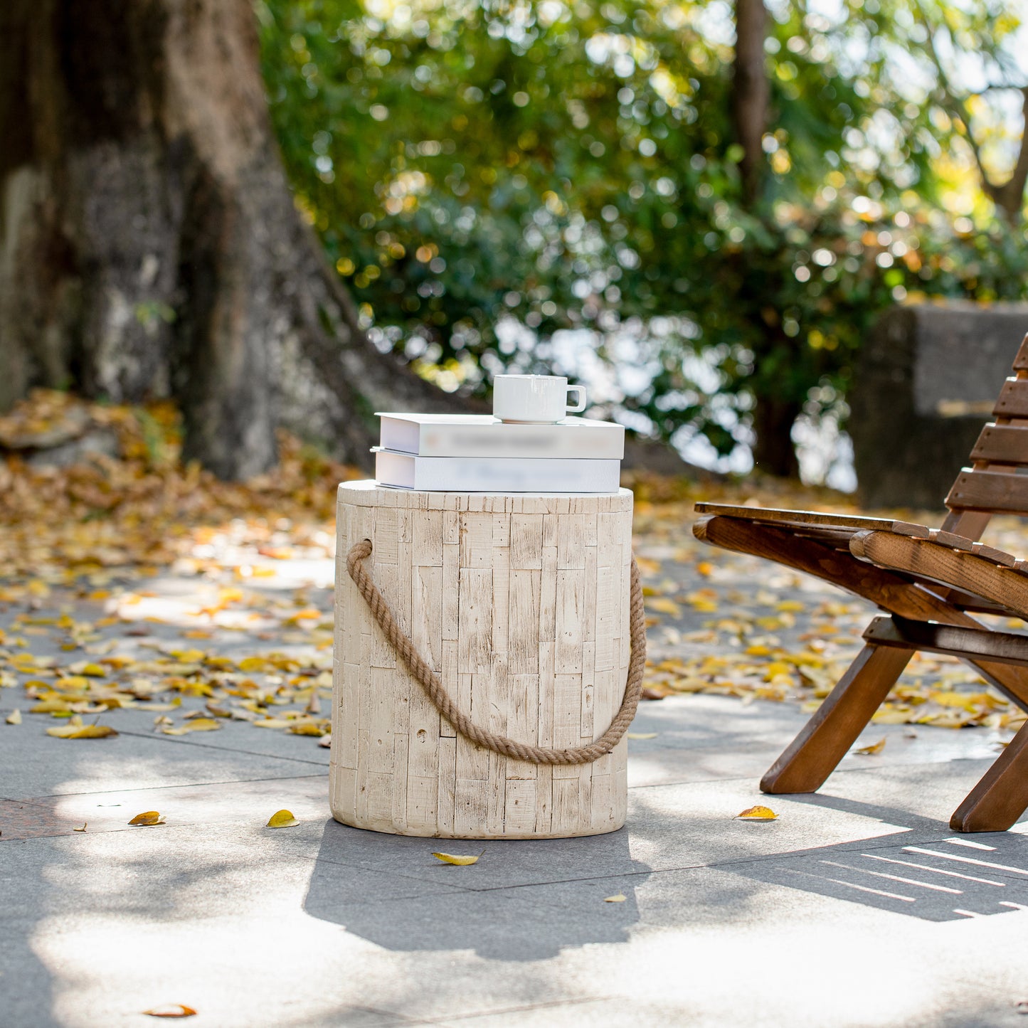 Outdoor Wood Grain Rustic MGO Side Table with Realistic Wood Vibe & Simulated Braided Cord – Indoor End Table for Home, Office, Living Room & Outdoor Decor