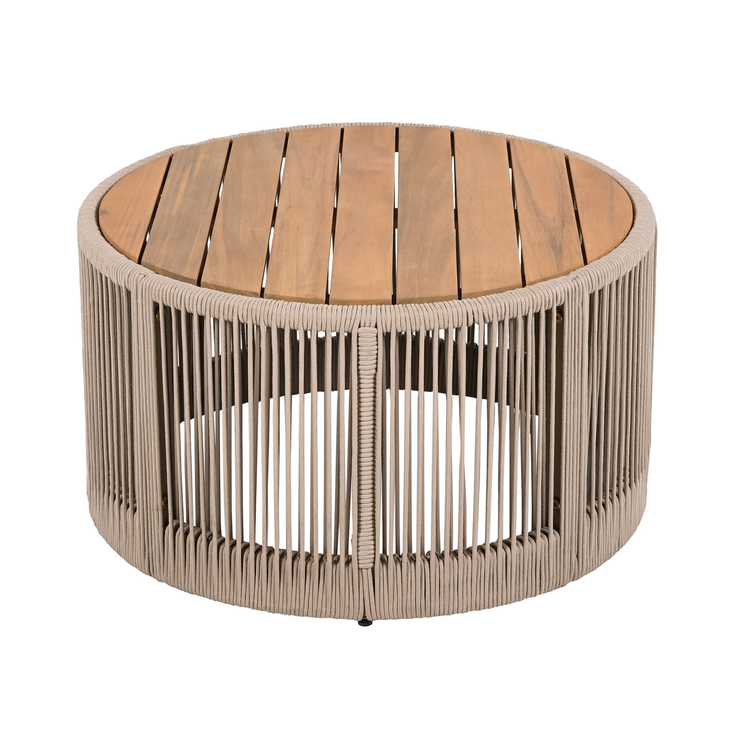 Outdoor Rattan rope & Acacia Wood Coffee Table - Patio Balcony Furniture for Garden, Yard, Balcony - Weather Resistant(Rope Beige, Natural Iron)