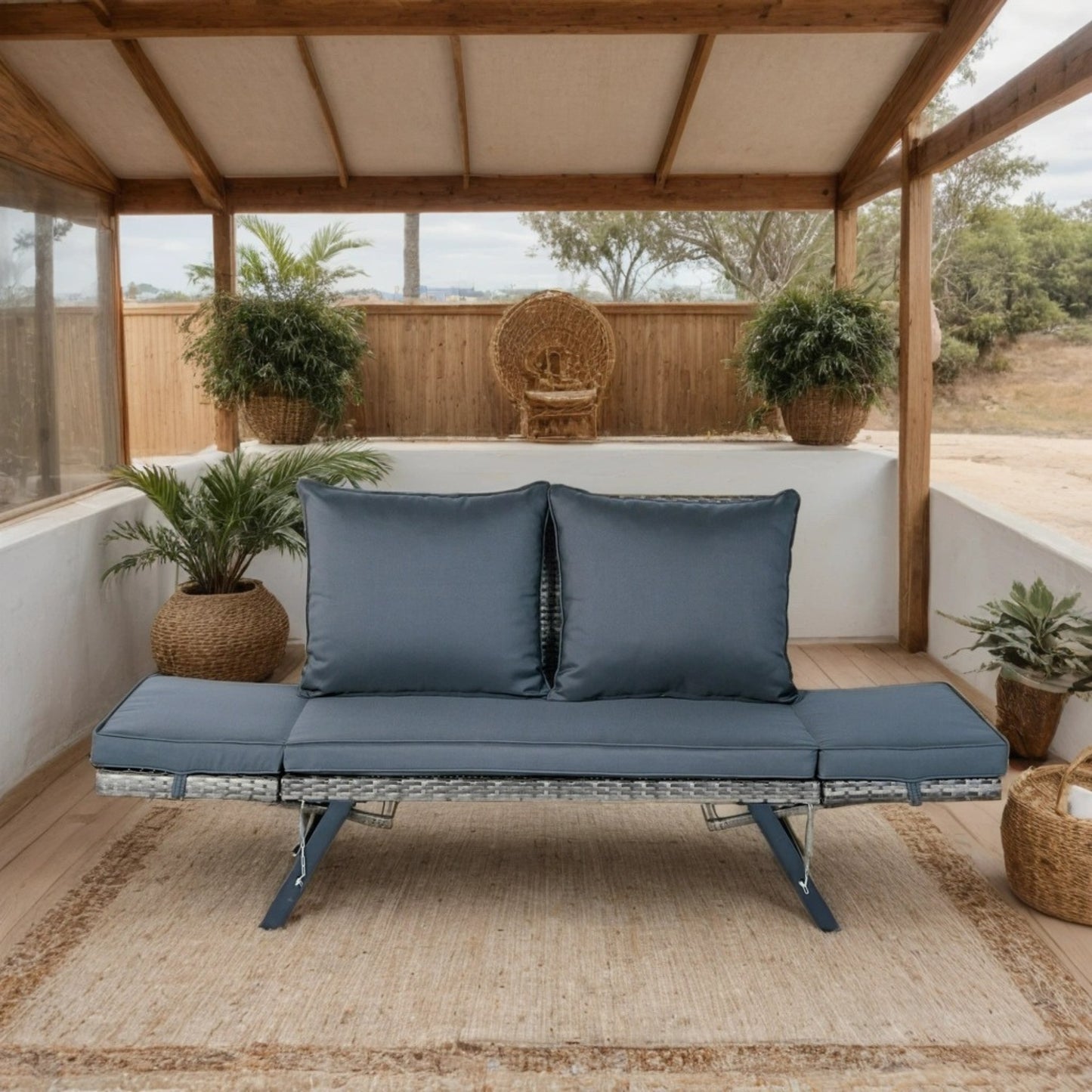 1 PCS Patio Wicker Side Foldable Bench Patio Backyard Conversation Bench Grey Wicker + Dark Grey Cushion
