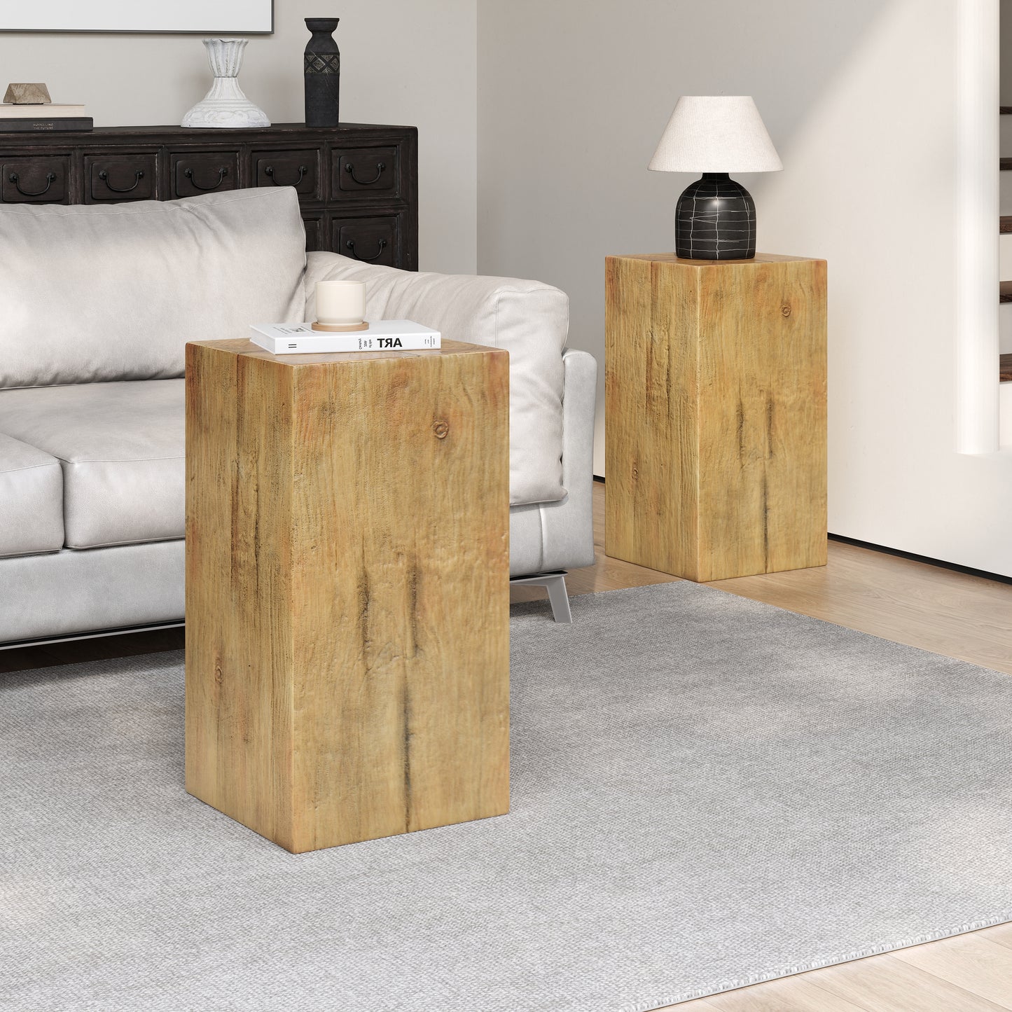 Wood-Look Square-Column MGO End Table,  H27.75",Wood-Like Distressed Finish, Mix with Different Heights, Indoor Outdoor Use,Natural Color