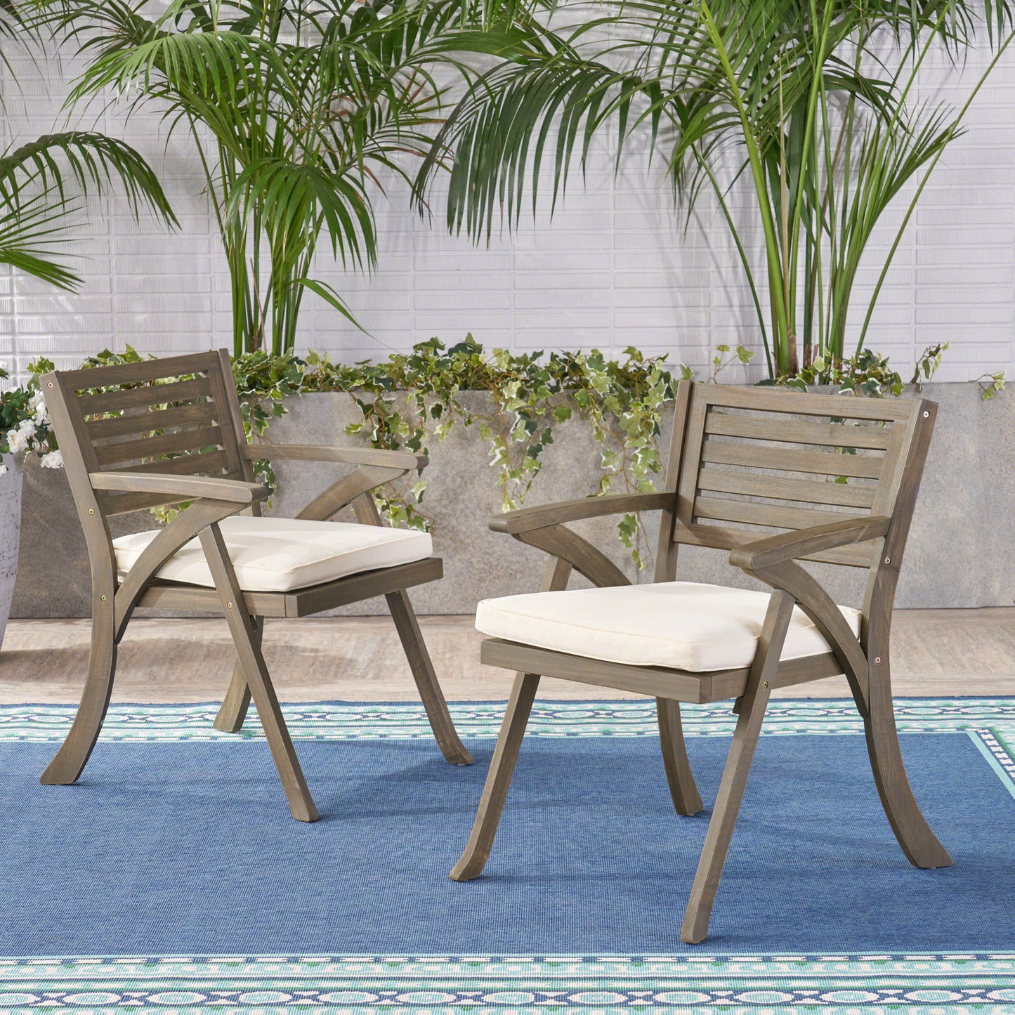Helen Outdoor Acacia Wood Dining Chair, Gray and Crème(Set of 2)