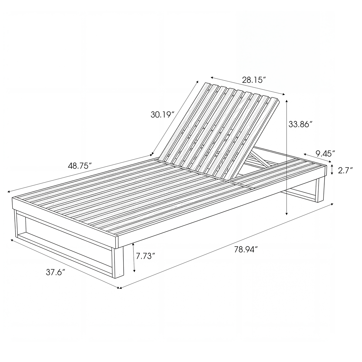 Black Acacia Wood Chaise Lounge with 4-Inch Cream 2-FoldCushion Set, 4-Position Adjustable Outdoor Patio Lounger with Flat Side Surface, for Poolside- Matching dark  grey version available