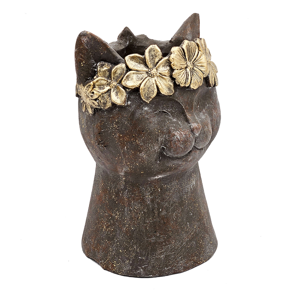 8.5x7.7x12.4" Magnesium Cat Statue Planter with Textured Brown Finish and Gold Leaf Crown