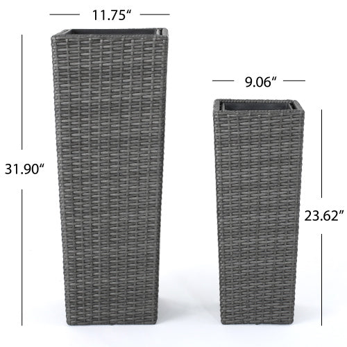 2-Pack Gray PE Wicker Tapered Outdoor Planter Pots with Iron Frame (11.75 in. and 9.06 in. W)