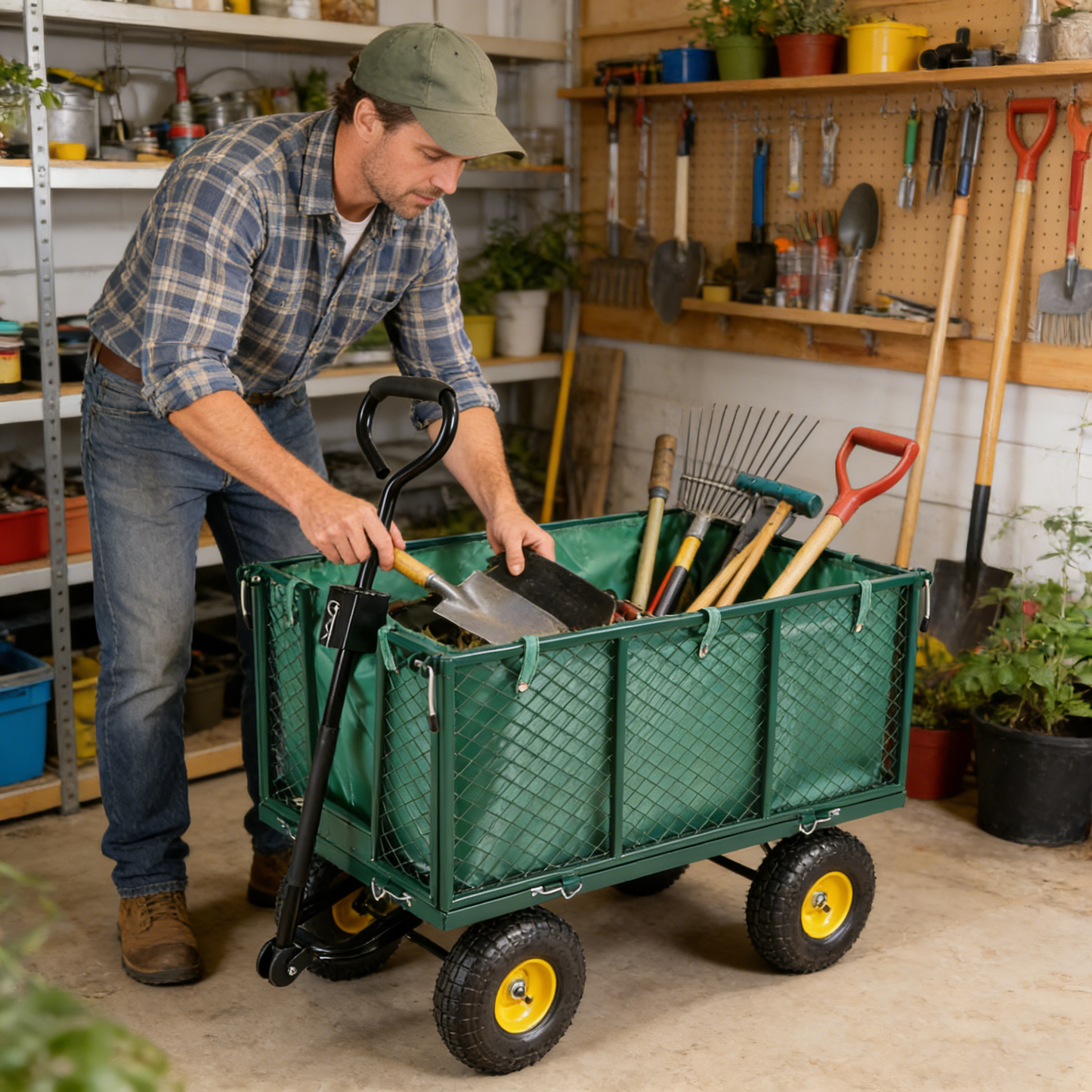 Flower Cart Garden Flower Cart is easier to transport firewood (green+cloth bag)