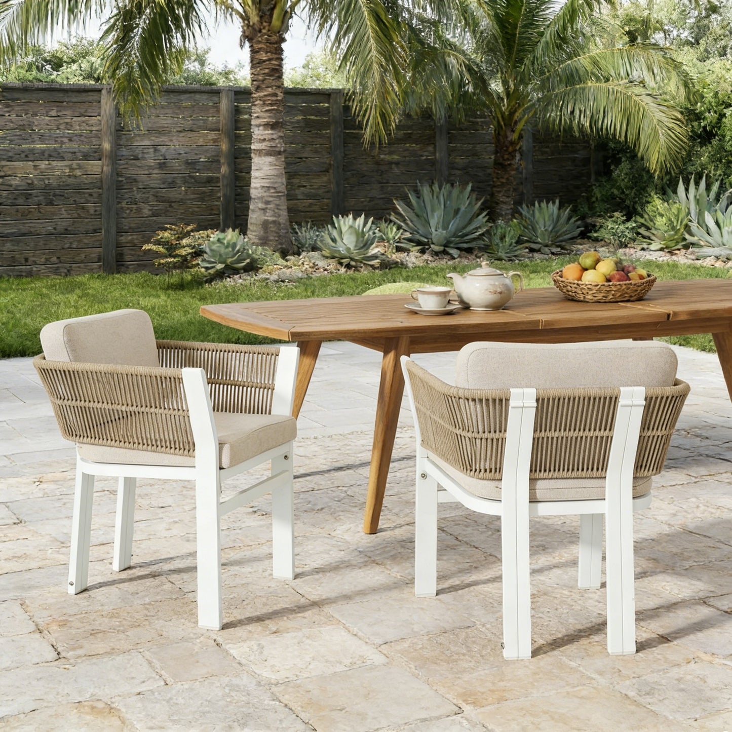 Outdoor Dining Chair Set of 2 ,White Aluminum Frame with Beige Cushion, 300lbs Capacity, All-Weather Patio Seating for Backyard, Deck & Garden