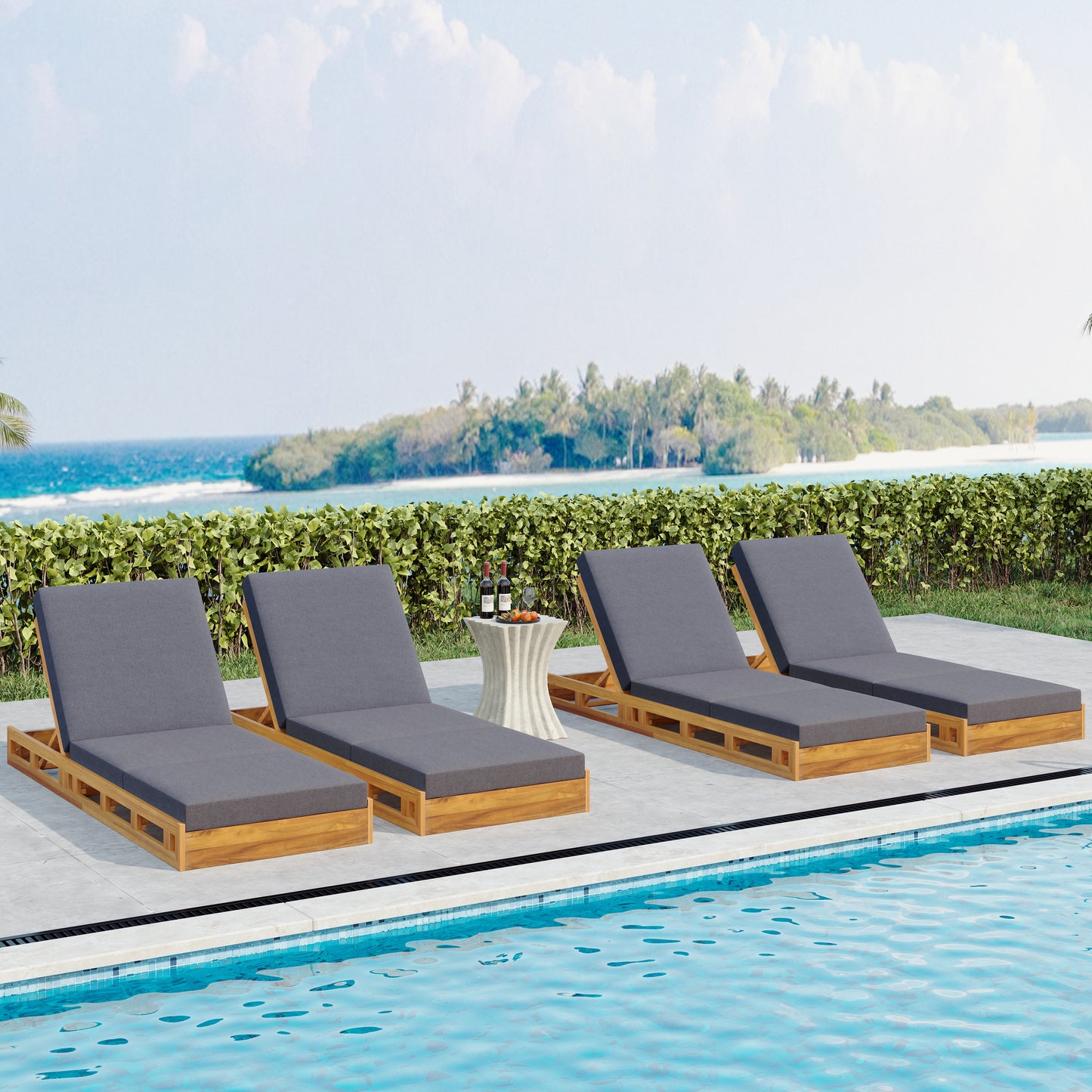LOUNGE CHAISE SET, ACACIA SOLID WOOD WITH LOUNGE CUSHION (DARK GREY & TRIPLE FOLD) - MATCHING CREAM VERSION AVAILABLE