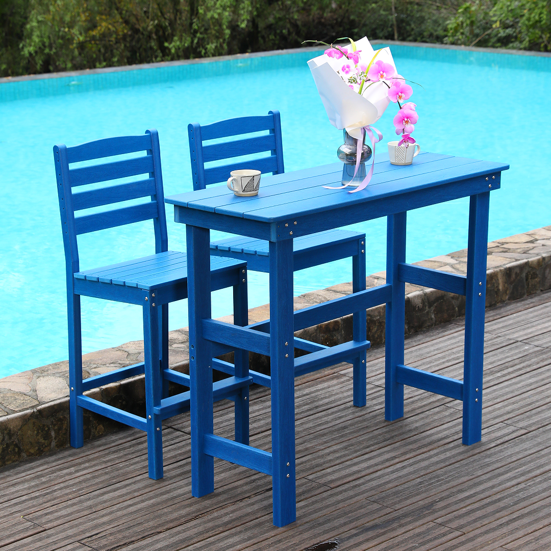 HDPE type outdoor dining and bar table is very practical. It is suitable for lawns, gardens, backyards and pool sides. Navy blue, and it is waterproof and corrosion-resistant.All Weather,