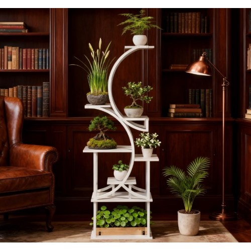 White 8-Tier Fir Wood Plant Stand, Metal Plant Rack, Indoor Outdoor Plant Shelf for Living Room, Balcony, Patio