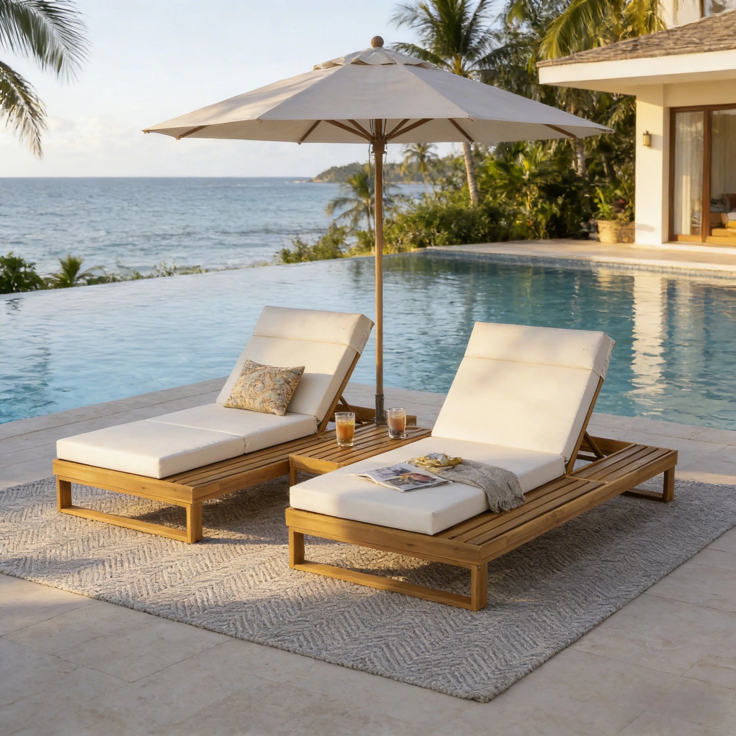 Teak Finish Acacia Wood Chaise Lounge with 4-Inch Beige 4-Fold Cushion Set, Adjustable Outdoor Patio Lounger with Flat Side Surface, for Poolside- Matching cream,dark gray version available