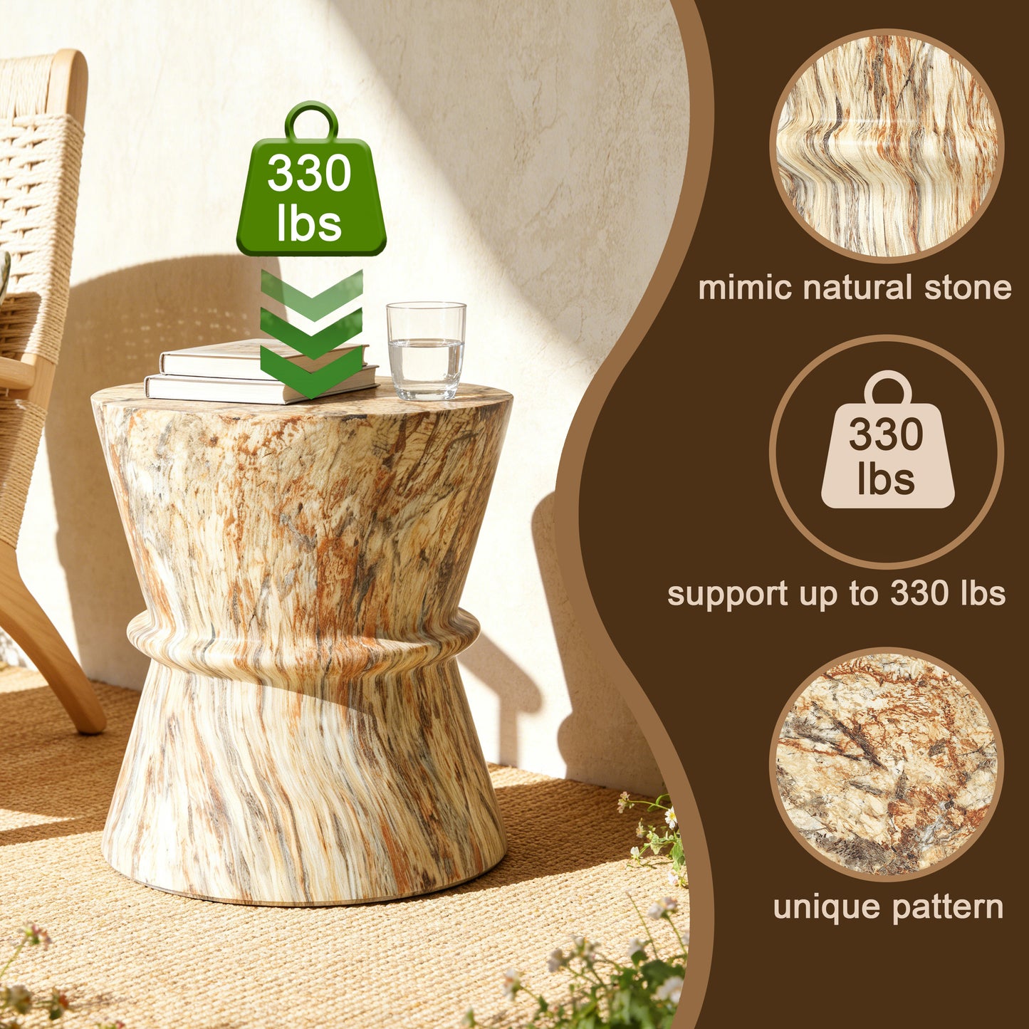U_Style Hourglass shape Outdoor Side Table, Concrete Contemporary Lightweight Accent Table with Simulated stone texture , Outdoor Accent End Table for Livingroom, Garden,