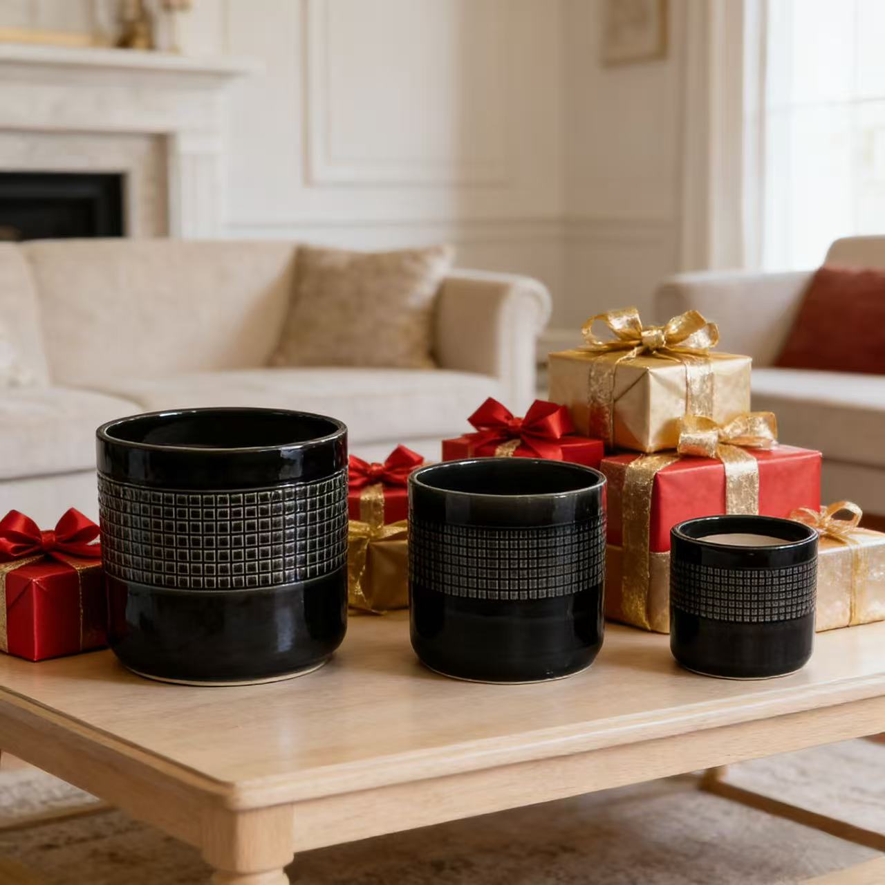 Handmade Black Glazed Ceramic Planter Set of 3, 9" 7" 6" Diameter, Grid Pattern, for Succulents & Cacti Indoor/Outdoor Shelf & Table Use, Porous Clay with Drainage Holes