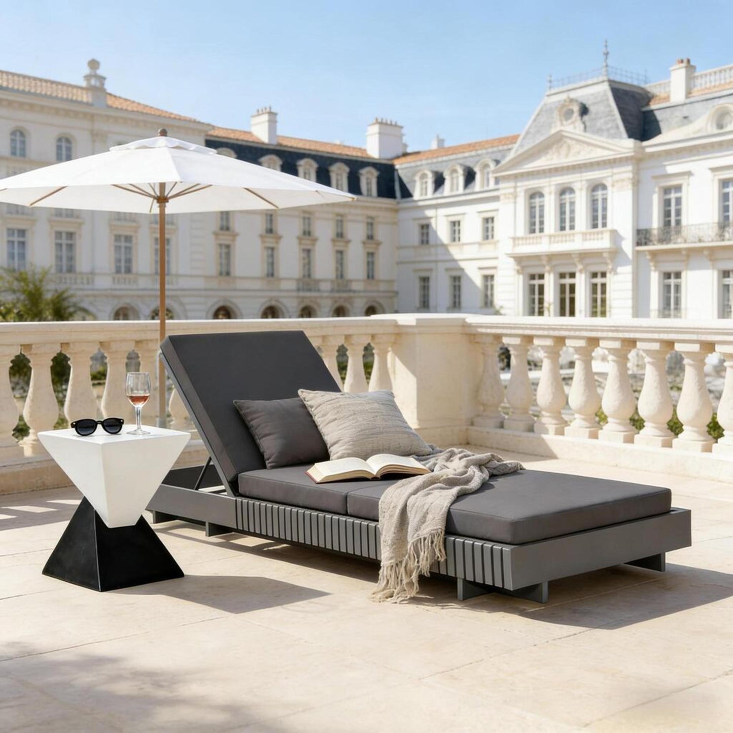 Dark Grey Acacia Solid Wood Outdoor Chaise Lounge with  Dark Grey 3-Fold Water-Repellent Cushion, 400lbs Capacity,  Modern Patio Sun Lounger for Garden, Poolside