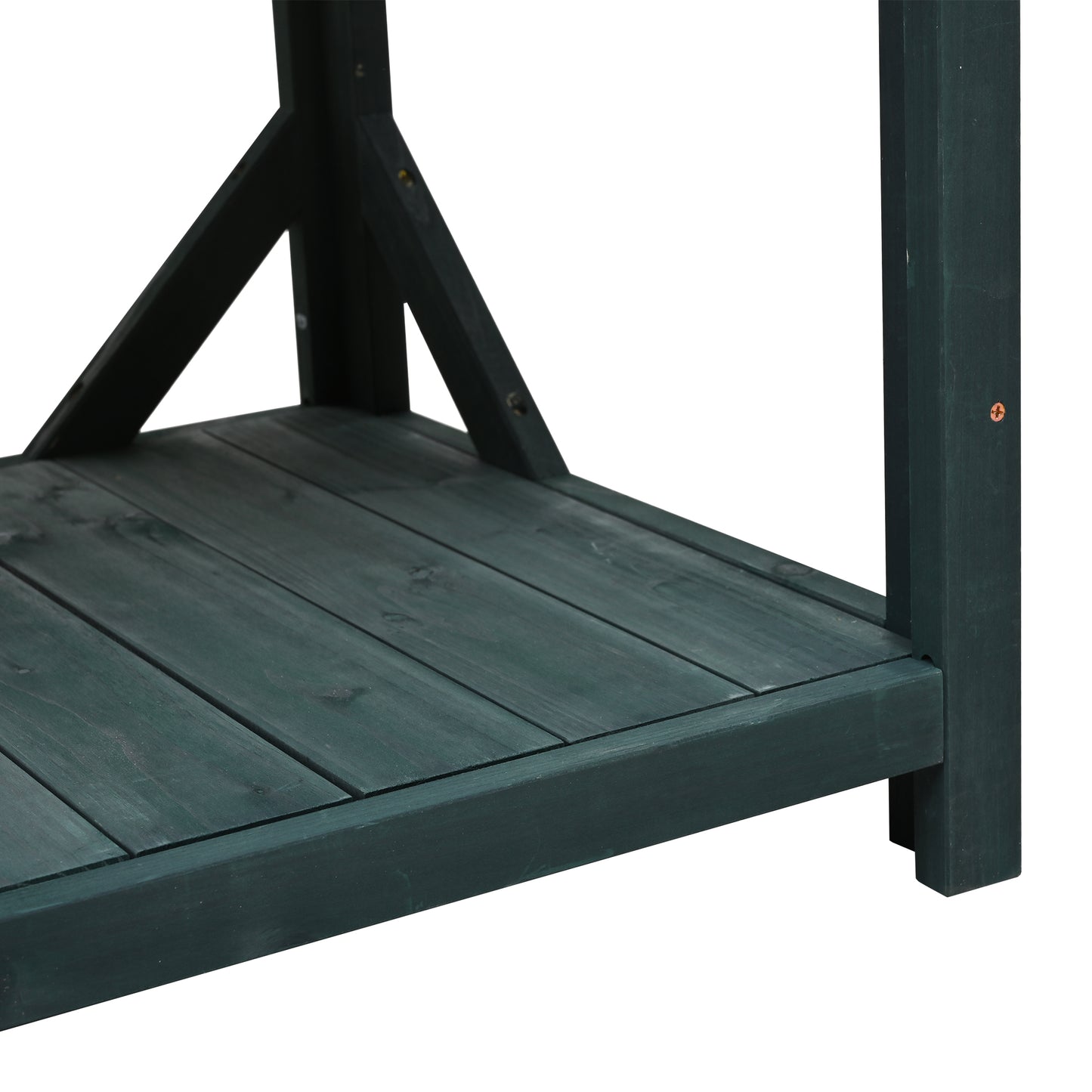 TOPMAX 65" Large Wooden Farmhouse Rustic Outdoor Potting Bench Table, Patio Workstation, Garden Potting Bench with 4 Storage Shelves and Side Hook, Forest Green
