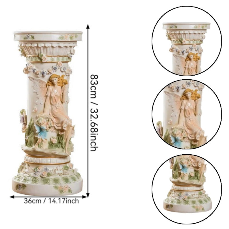 33" Luxury Vintage Roman Column Pedestal, Resin Pillar with Fairy & Floral Relief, Elegant Display Stand for Living Room, Entryway & Home Aesthetic Decor