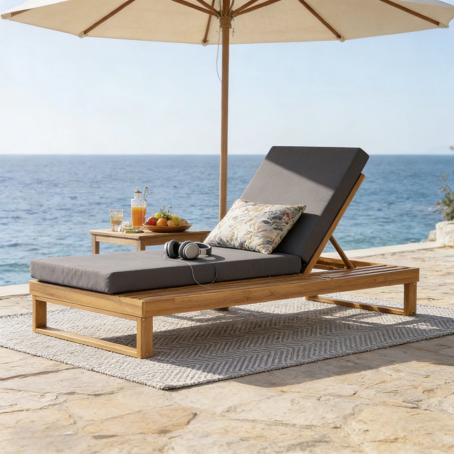 Teak Finish Acacia Wood Chaise Lounge with 4-Inch Dark Grey 2-Fold Cushion Set, 4-Position Adjustable Outdoor Patio Lounger with Flat Side Surface, for Poolside - Matching cream version available