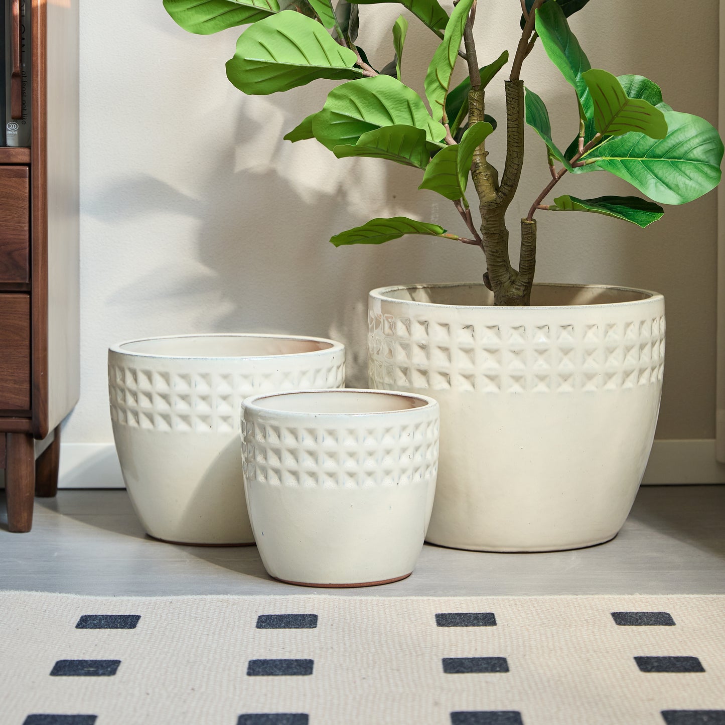 Handmade Ceramic Flower Pot Set of 3, 15/12/9 Inch Diameter, White Diamond Pattern, for Succulents Indoor/Outdoor Use on Windowsill & Bookshelf, Breathable Clay