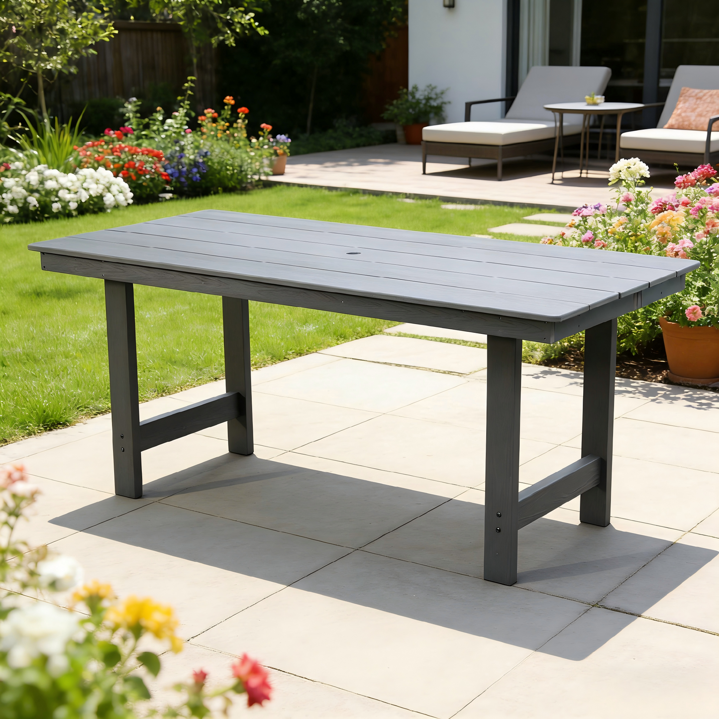 HDPE Patio Dining Family Table, coffee table, outdoor table for 4-6 People with Umbrella Hole for Backyard, Garden, Pool, Grey