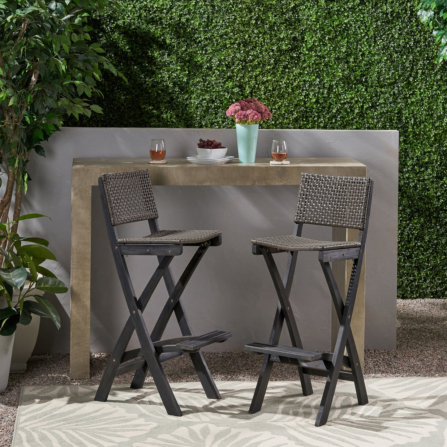41.75" Outdoor Folding Acacia Wood Barstools with PE Rattan Backrest and Seat, Dark Grey Finish (Set of 2)