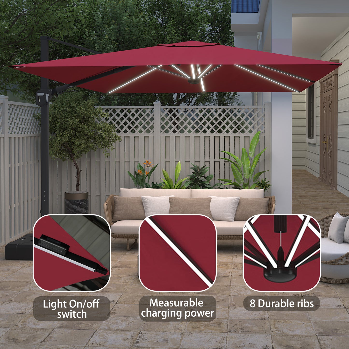 11FT Square Cantilever Patio Umbrella with LED Light in Red (without Umbrella Base)