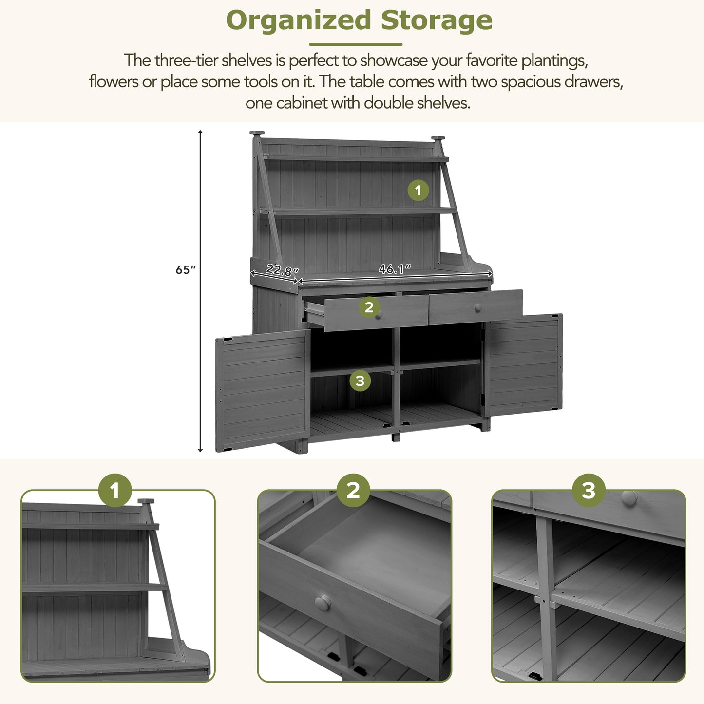 [Assembly Video Provided] TOPMAX 65inch Garden Potting Bench Table, Fir Wood Workstation with Storage Shelf, Drawer and Cabinet, Gray