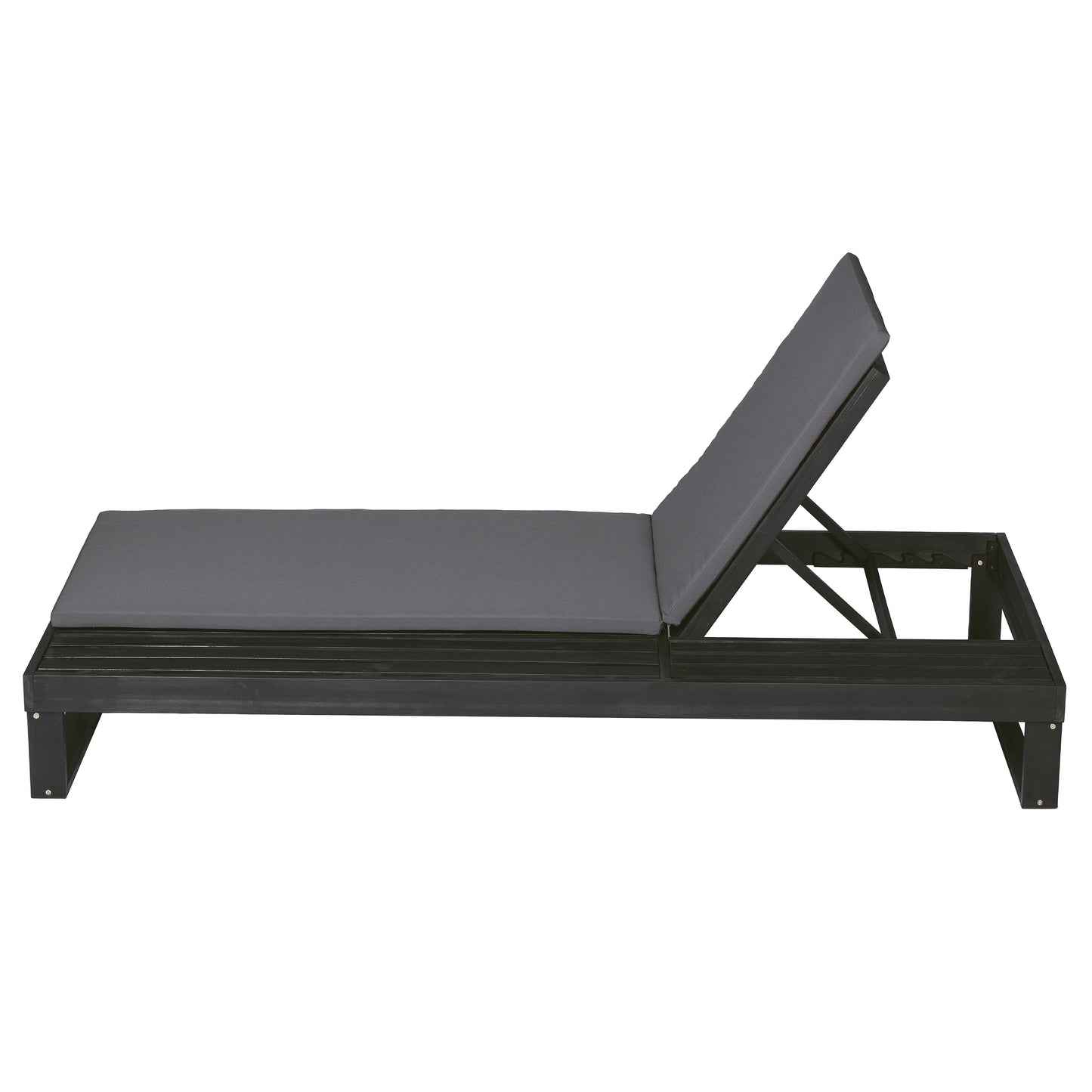 Black Acacia Wood Chaise Lounge with 1.57-Inch Dark Gray 2-Fold Cushion Set, 4-Position Adjustable with Flat Side Surface, for Poolside - Matching cream,leaf coconut version available