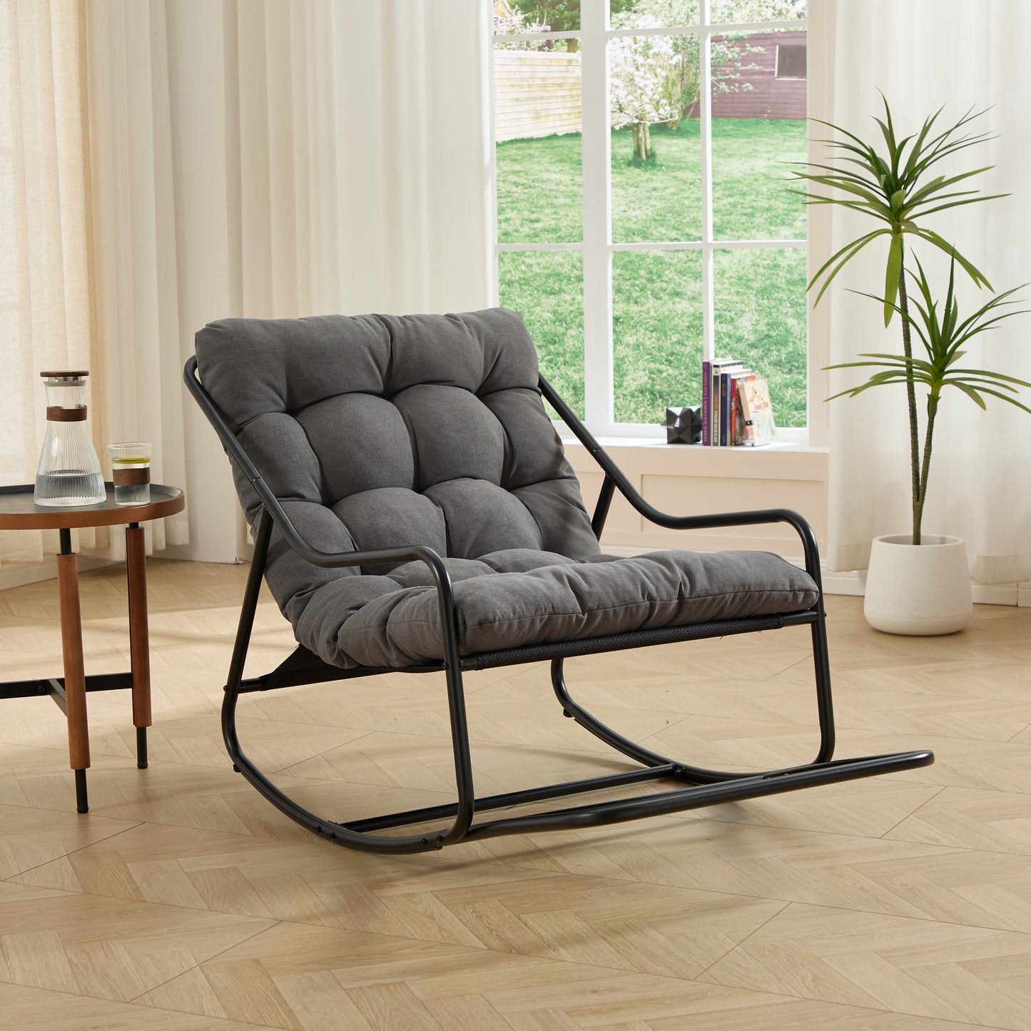 Outdoor Rocking Chair, Comfy Cushion, with Soft Thick Cushion,for Living Room, Bedroom, Reading Room, Black Frame with Grey Cushion