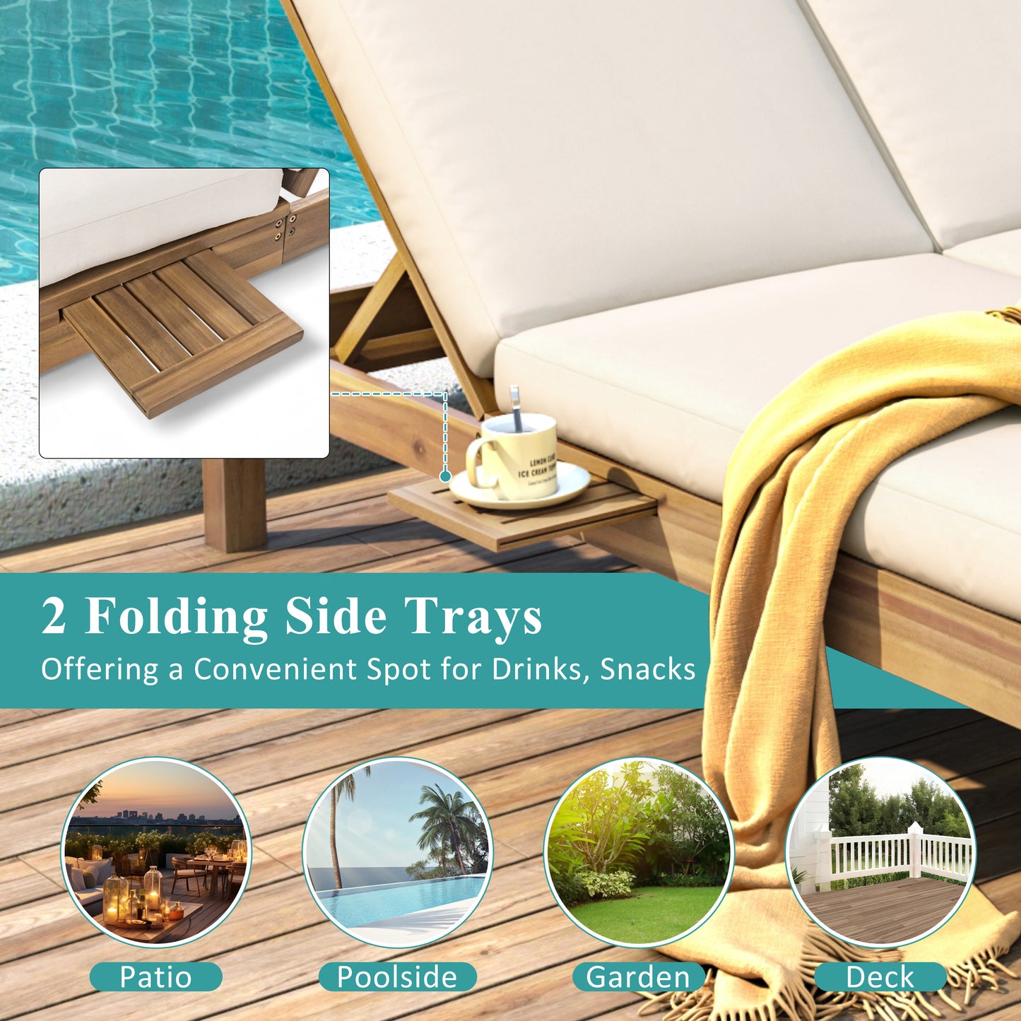 TREXM 5-Position Adjustable Backrest Double Chaise Lounge Outdoor, Outdoor Chaise Lounge with Cushion and Folding Side Trays for 2 People, Patio Double Chaise Lounge for Poolside Garden, Light Teak