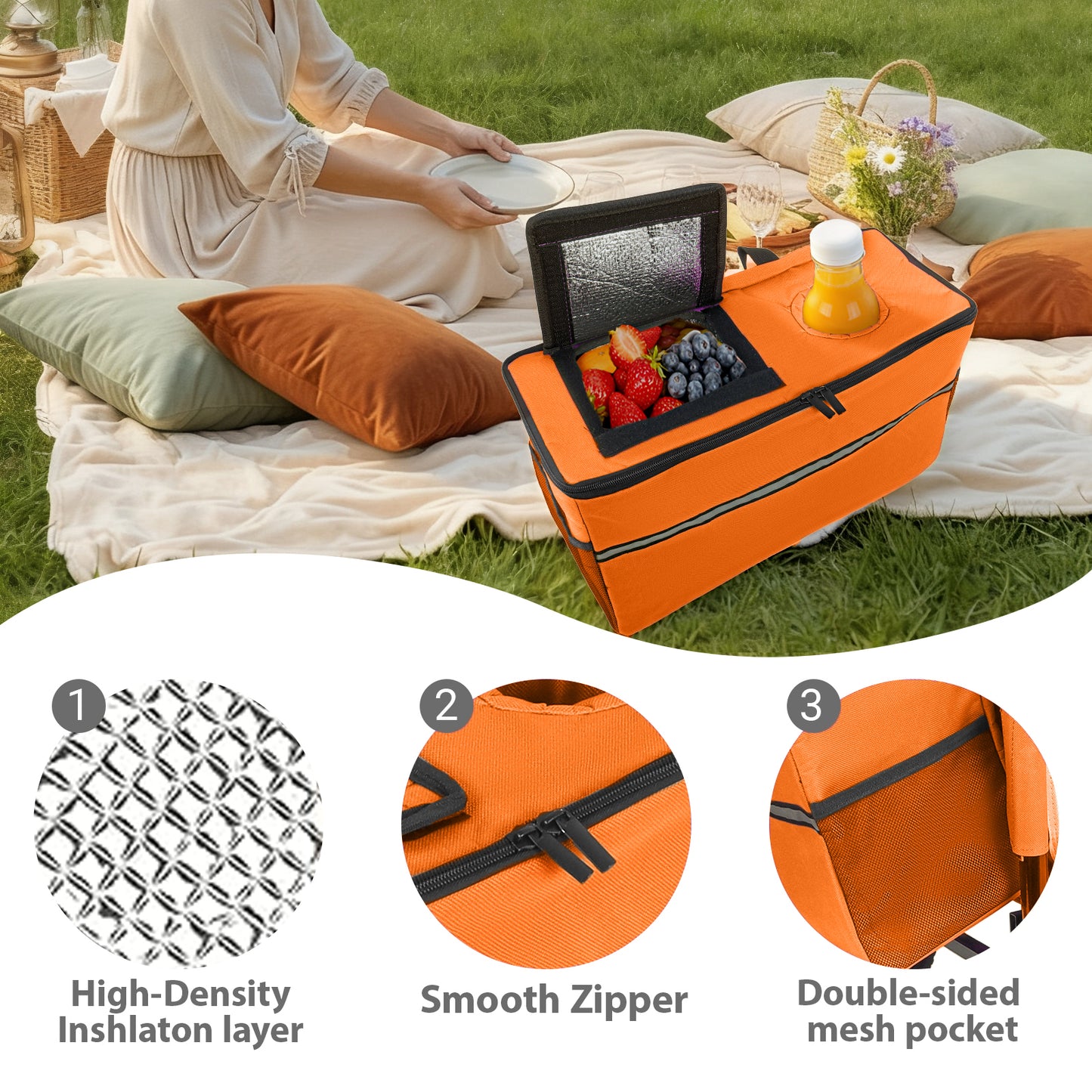 3-in-1 Folding Wagon with Bench Seat – patent protection, Includes 1 ice pack, 500lbs Capacity, 9"x4" Beach Tires for Camping & Beach, orange