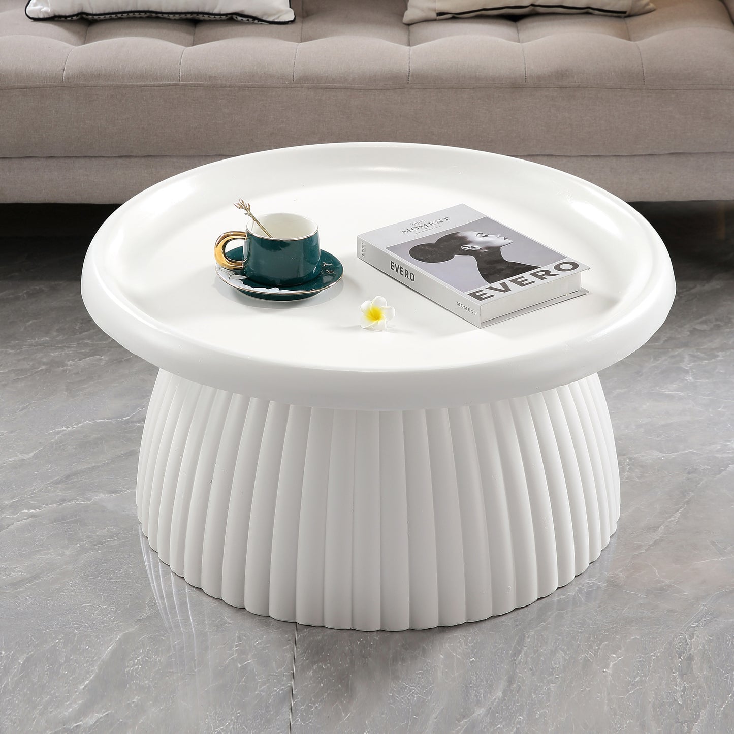 White Magnesium Oxide Fluted Pedestal Coffee Table   27.56" Diameter Round Center Table