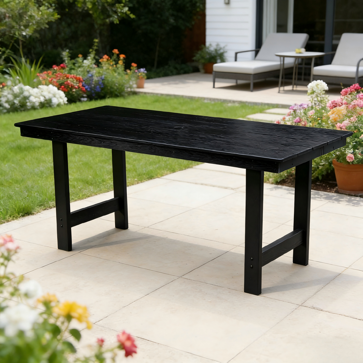 HDPE Patio Dining Family Table, coffee table, outdoor table for 4-6 People with Umbrella Hole for Backyard, Garden, Pool, Black