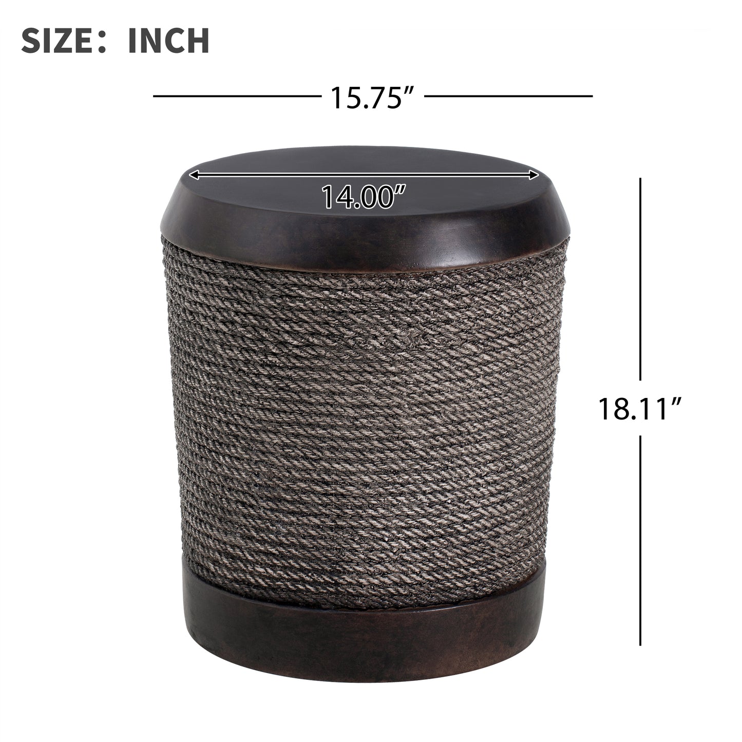 Outdoor Dark Brown Simulated Braided Cord MGO Side Table with Vintage Trim – Indoor Retro Cylindrical End Table for Home & Patio Decor