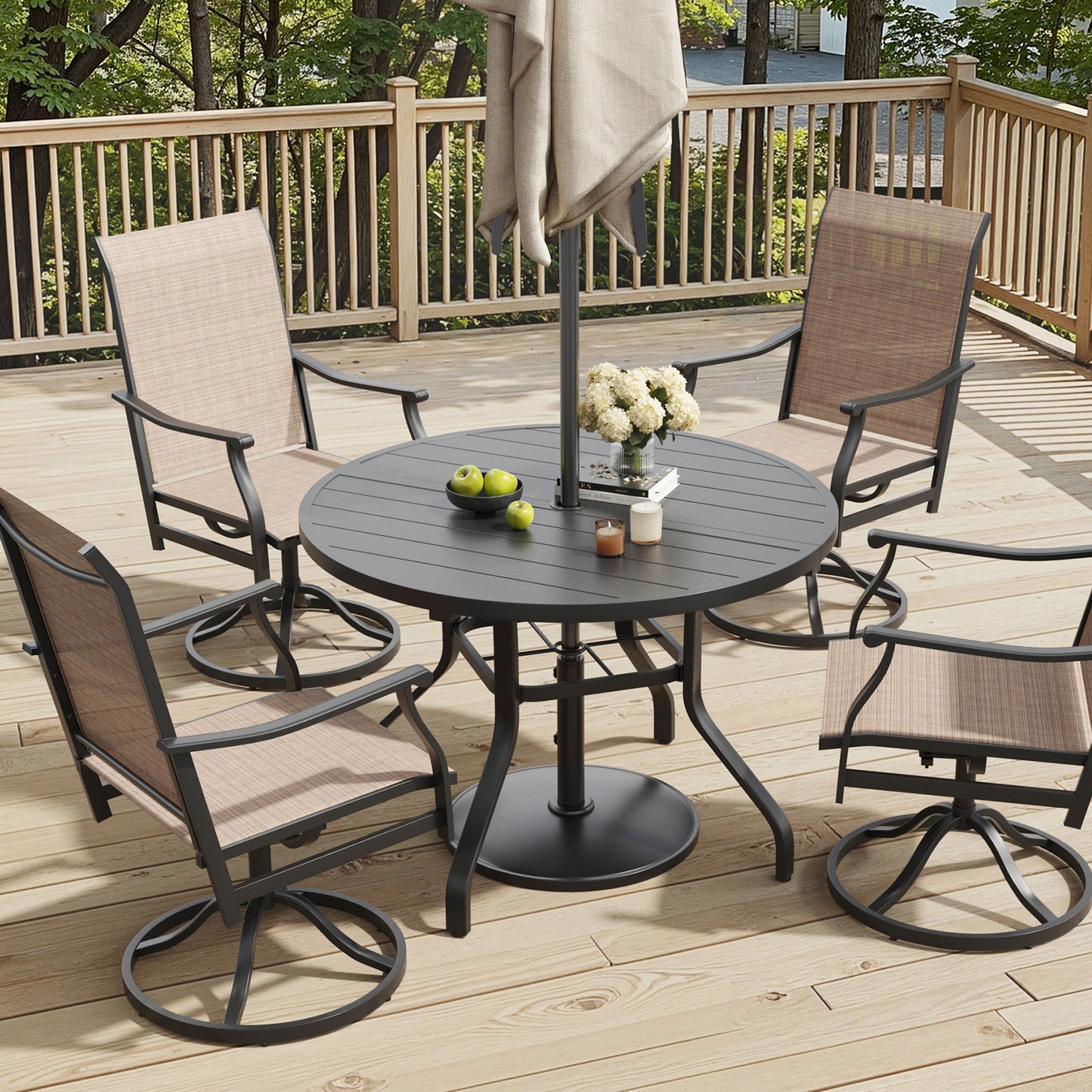 Round Outdoor Dining Table, 41" Round Patio Table Wood-Like Grain with 1.57" Umbrella Hole, Metal Outdoor Dining Tables for Backyard and Poolside