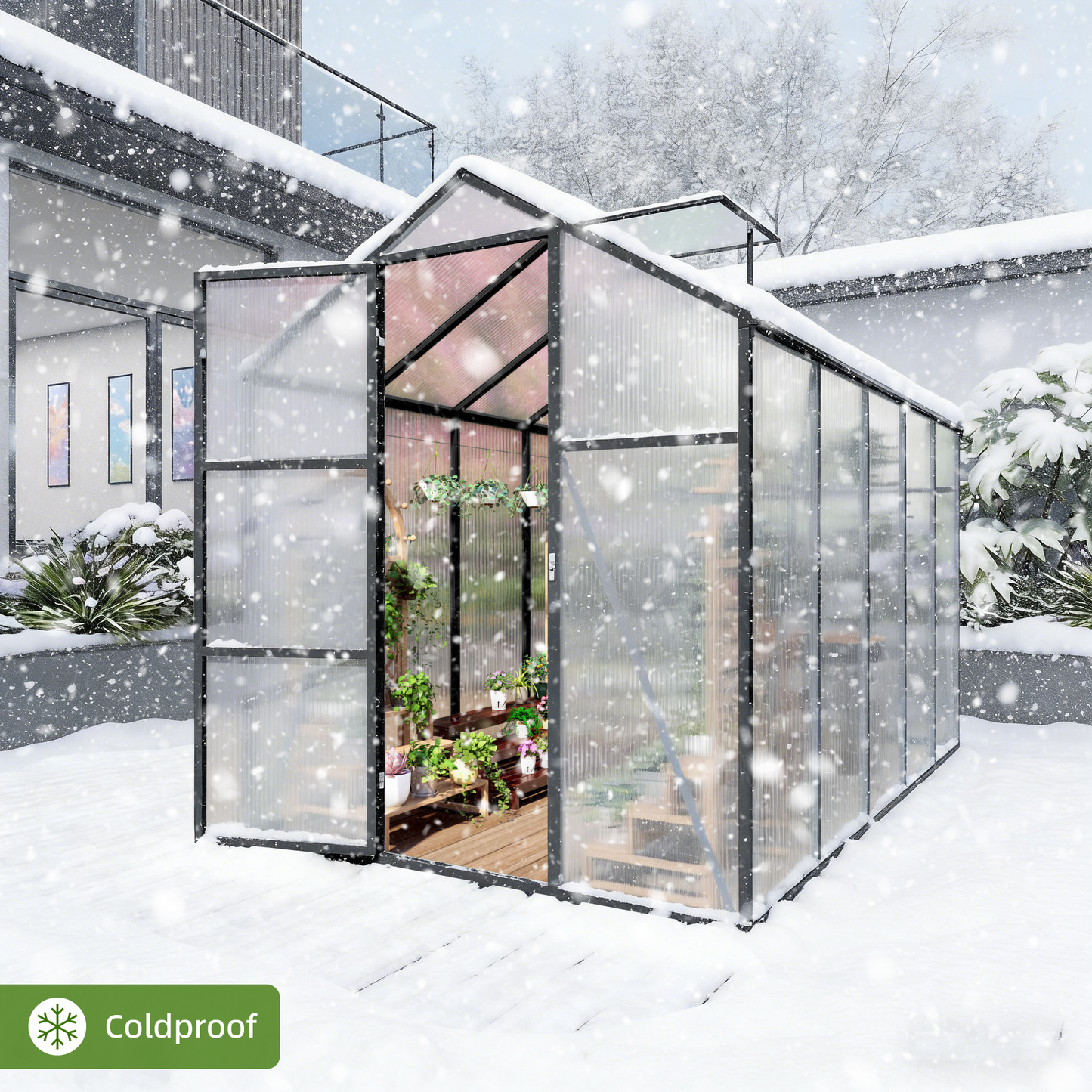 6x10FT Walk-in Outdoor Greenhouse - Polycarbonate Garden Greenhouse with Sturdy Aluminum Frame, Adjustable Vents, Lockable Door & UV Protection for Backyard
