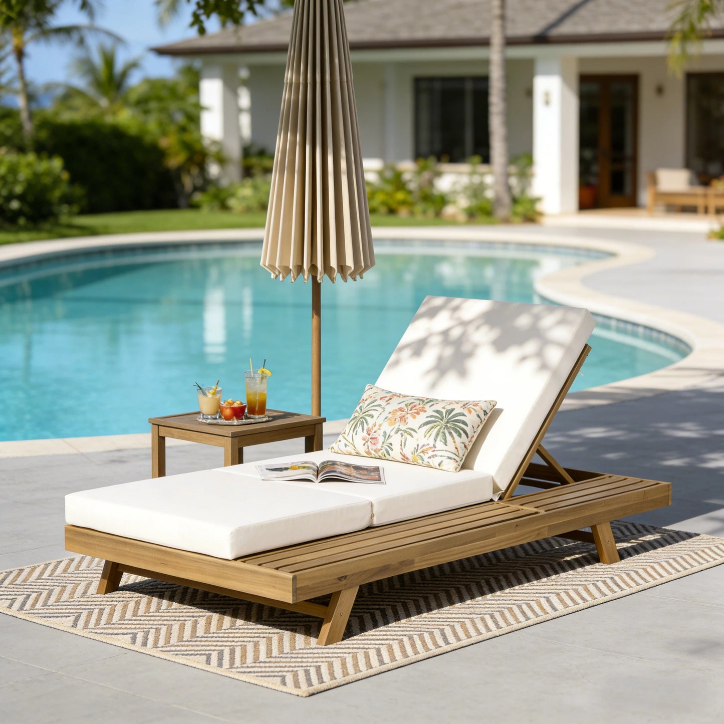 Lounge Chaise Set, Space Available On One Side, Acacia Solid Wood In light brown With Lounge Cushion (Cream & Triple Fold) – Matching Dark Grey Version Available