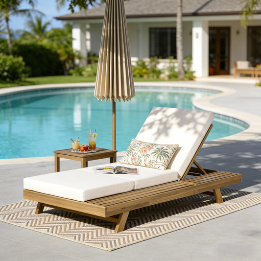 Lounge Chaise Set, Space Available On One Side, Acacia Solid Wood In light brown With Lounge Cushion (Cream & Triple Fold) – Matching Dark Grey Version Available